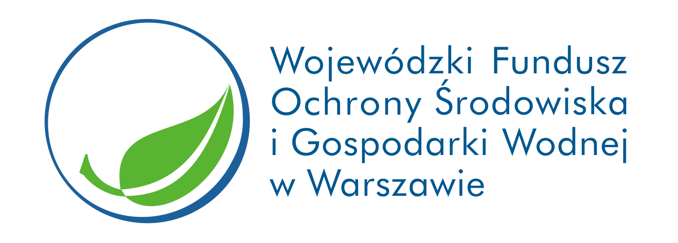 &bdquo;Logo Wojew&oacute;dzkiego Funduszu Ochrony Środowiska i&nbsp;Gospodarki Wodnej w&nbsp;Warszawie: niebieski okrąg ze stylizowanym zielonym liściem oraz&nbsp;nazwa instytucji zapisana po prawej stronie.