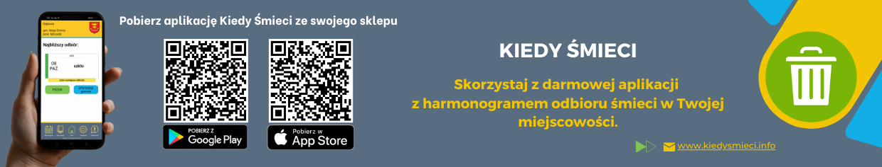 Baner promocyjny aplikacji mobilnej &bdquo;Kiedy Śmieci&rdquo; służącej do sprawdzania harmonogramu odbioru odpad&oacute;w w&nbsp;danej miejscowości. Po lewej stronie widoczna jest dłoń trzymająca smartfon z&nbsp;uruchomioną aplikacją. Na ekranie telefonu widać nazwę lokalizacji &bdquo;Dębowa, gmina Miejska G&oacute;rka, gmina Krobi&rdquo;, datę najbliższego odbioru &bdquo;08 PAŹ&rdquo; oraz&nbsp;rodzaj odpadu &bdquo;szkło&rdquo;. Pod spodem znajdują się dwa przyciski: zielony z&nbsp;napisem &bdquo;PSZOK&rdquo; i&nbsp;niebieski &bdquo;Informacje gminne&rdquo;. W dolnej części ekranu widoczne są ikony nawigacyjne aplikacji.  Obok telefonu umieszczono dwa kody QR:  lewy z&nbsp;podpisem &bdquo;Pobierz w Google Play&rdquo; i&nbsp;logo sklepu Google Play,  prawy z&nbsp;podpisem &bdquo;Pobierz w App Store&rdquo; i&nbsp;logo Apple App Store.  U g&oacute;ry baneru znajduje się napis: &bdquo;Pobierz aplikację Kiedy Śmieci ze swojego sklepu&rdquo;.  Po prawej stronie, na&nbsp;niebiesko‑szarym tle, widnieje duży napis: &bdquo;KIEDY ŚMIECI&rdquo; oraz&nbsp;ż&oacute;łty tekst: &bdquo;Skorzystaj z darmowej aplikacji z harmonogramem odbioru śmieci w Twojej miejscowości.&rdquo;  W prawym dolnym rogu znajduje się ż&oacute;łte koło z&nbsp;zieloną ikoną kosza na&nbsp;śmieci oraz&nbsp;adres strony internetowej www.kiedysmieci.info. Kolorystyka baneru utrzymana jest w&nbsp;odcieniach niebieskiego, ż&oacute;łtego i&nbsp;zielonego, a&nbsp;całość ma charakter informacyjno‑promocyjny, zachęcający do pobrania bezpłatnej aplikacji mobilnej.