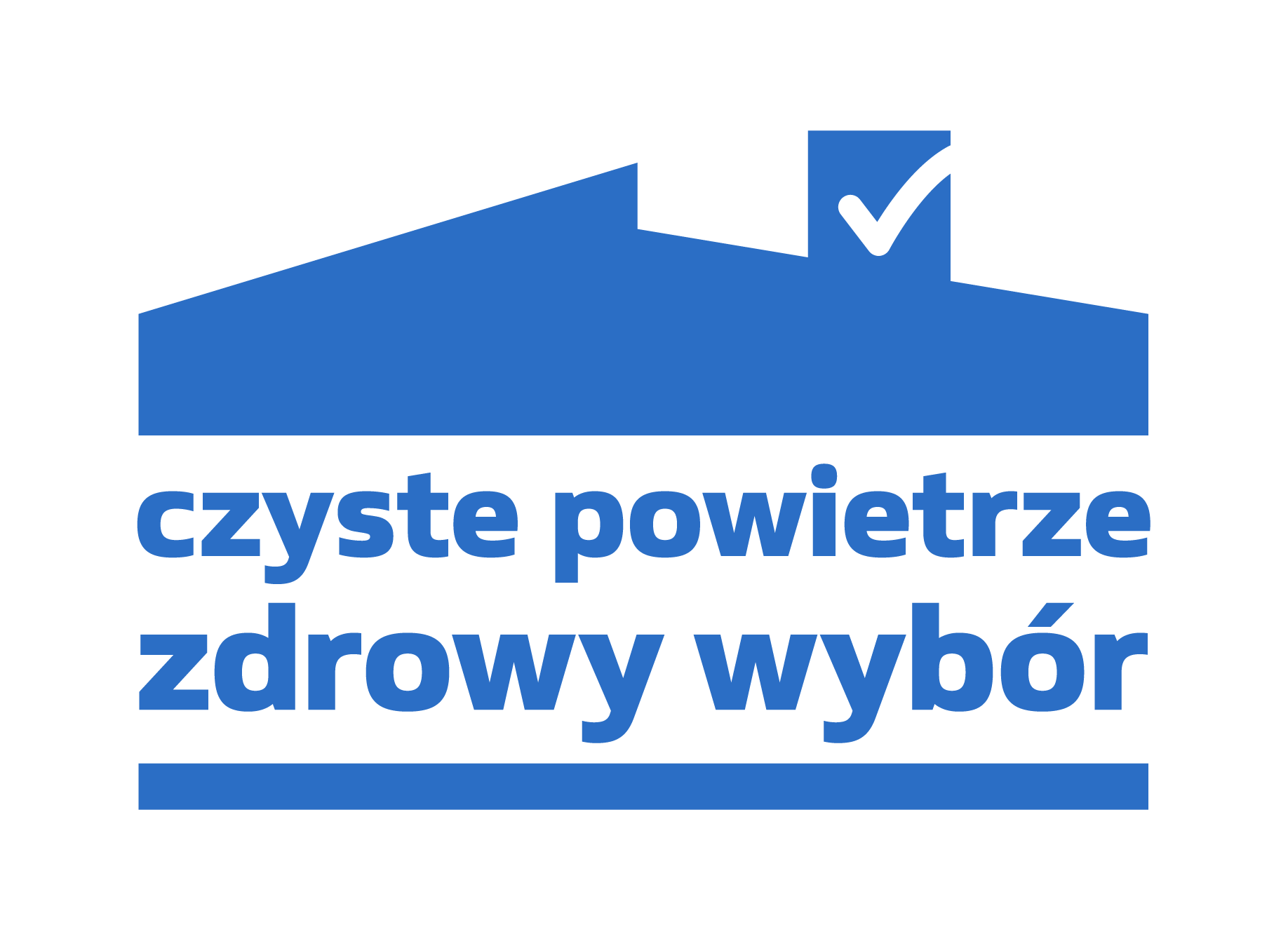 Logo w&nbsp;odcieniach niebieskiego przedstawiające zarys domu z&nbsp;wkomponowanym symbolem haczyka, a&nbsp;pod nim napis &bdquo;czyste powietrze zdrowy wyb&oacute;r&rdquo;.
