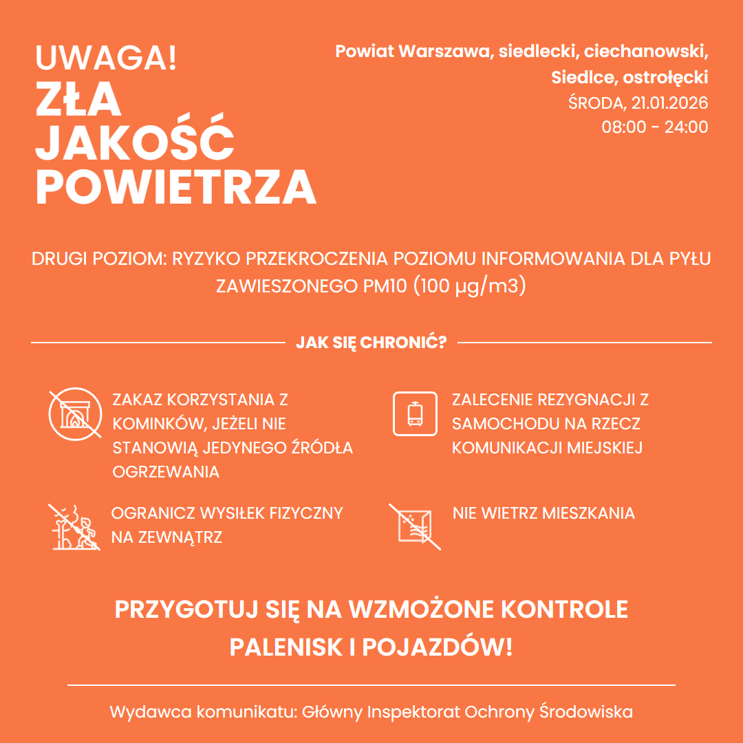 Grafika jest prostokątnym plakatem informacyjnym o&nbsp;złej jakości powietrza, utrzymanym w&nbsp;intensywnym, pomarańczowym tle. Na środku i&nbsp;u g&oacute;ry znajduje się duży, biały napis &bdquo;UWAGA! ZŁA JAKOŚĆ POWIETRZA&rdquo;, wyr&oacute;żniony pogrubioną czcionką. Poniżej umieszczono listę powiat&oacute;w objętych ostrzeżeniem: Warszawa, siedlecki, ciechanowski, Siedlce oraz&nbsp;ostrołęcki. Pod nimi widnieje data i&nbsp;godziny obowiązywania komunikatu: &bdquo;ŚRODA, 21.01.2026, 08:00&ndash;24:00&rdquo;.  Centralna część plakatu zawiera informację o&nbsp;poziomie zagrożenia: &bdquo;DRUGI POZIOM: RYZYKO PRZEKROCZENIA POZIOMU INFORMOWANIA DLA PYŁU ZAWIESZONEGO PM10 (100 &micro;g/m&sup3;)&rdquo;. Tekst jest biały, wyśrodkowany i&nbsp;zapisany w&nbsp;kilku linijkach.  Niżej znajduje się sekcja &bdquo;JAK SIĘ CHRONIĆ?&rdquo;, a&nbsp;pod nią cztery zalecenia wypunktowane w&nbsp;formie kr&oacute;tkich, jednozdaniowych komunikat&oacute;w: zakaz korzystania z&nbsp;komink&oacute;w, jeśli nie są jedynym źr&oacute;dłem ogrzewania; rezygnacja z&nbsp;samochodu na&nbsp;rzecz komunikacji miejskiej; ograniczenie wysiłku fizycznego na&nbsp;zewnątrz; niewietrzenie mieszkania. Każde zalecenie zapisano białą, pogrubioną czcionką.  Na dole grafiki umieszczono dodatkowe ostrzeżenie: &bdquo;PRZYGOTUJ SIĘ NA WZMOŻONE KONTROLE PALENISK I POJAZD&Oacute;W!&rdquo;. Pod nim, mniejszą czcionką, znajduje się informacja o&nbsp;wydawcy komunikatu: &bdquo;Gł&oacute;wny Inspektorat Ochrony Środowiska&rdquo;.  Całość ma charakter oficjalnego alertu środowiskowego, a&nbsp;intensywny pomarańczowy kolor tła podkreśla pilność i&nbsp;ostrzegawczy charakter komunikatu. Grafika nie zawiera zdjęć ani&nbsp;ilustracji &ndash; wyłącznie tekst w&nbsp;białej czcionce.