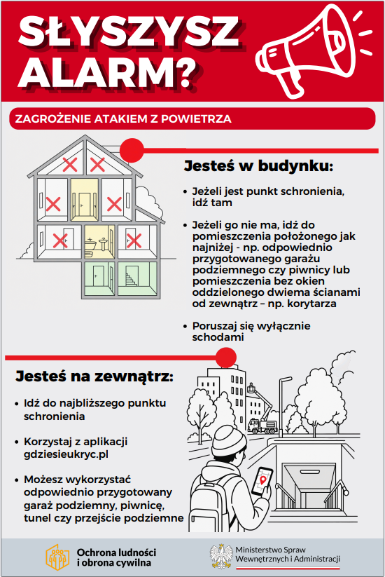 Grafika jest polskim plakatem informacyjnym zatytułowanym &bdquo;Słyszysz alarm? Zagrożenie atakiem z&nbsp;powietrza&rdquo;. Utrzymana jest w&nbsp;kolorystyce czerwonej, białej i&nbsp;szarej, z&nbsp;dużym napisem u g&oacute;ry oraz&nbsp;ikoną megafonu symbolizującą komunikat alarmowy. Plakat podzielony jest na&nbsp;dwie części. Po lewej stronie znajduje się ilustracja przekroju budynku z&nbsp;zaznaczonymi czerwonymi krzyżykami w&nbsp;pomieszczeniach uznanych za mniej bezpieczne oraz&nbsp;jednym zielonym pokojem symbolizującym miejsce schronienia. Obok widnieją wskaz&oacute;wki dla os&oacute;b znajdujących się w&nbsp;budynku: należy udać się do punktu schronienia, a&nbsp;jeśli go nie ma &ndash; do najniżej położonego pomieszczenia, np. garażu podziemnego, piwnicy lub&nbsp;pokoju bez okien oddzielonego dwiema ścianami od zewnątrz, takiego jak korytarz; zaleca się poruszanie wyłącznie schodami. Po prawej stronie przedstawiono osobę na&nbsp;zewnątrz &ndash; ubrany w&nbsp;kurtkę i&nbsp;czapkę człowiek z&nbsp;plecakiem korzysta ze smartfona i&nbsp;kieruje się do wejścia podziemnego. Obok znajdują się zalecenia: należy iść do najbliższego punktu schronienia, korzystać z&nbsp;aplikacji gdziesieukryc.pl oraz&nbsp;w razie potrzeby wykorzystać garaż podziemny, piwnicę, tunel lub&nbsp;przejście podziemne. Na dole widnieją logotypy &bdquo;Ochrona ludności i&nbsp;obrona cywilna&rdquo; oraz&nbsp;&bdquo;Ministerstwo Spraw Wewnętrznych i&nbsp;Administracji&rdquo;. Całość ma charakter edukacyjny i&nbsp;służy przekazaniu jasnych instrukcji postępowania w&nbsp;przypadku ogłoszenia alarmu o&nbsp;zagrożeniu z&nbsp;powietrza.