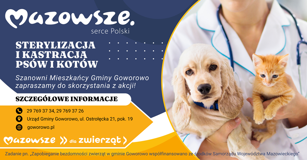 Plakat informacyjny w&nbsp;języku polskim promujący akcję sterylizacji i&nbsp;kastracji ps&oacute;w i&nbsp;kot&oacute;w w&nbsp;Gminie Goworowo, realizowaną w&nbsp;ramach programu &bdquo;Mazowsze dla zwierząt&rdquo;. Po prawej stronie znajduje się zdjęcie osoby w&nbsp;białym fartuchu lekarskim z&nbsp;niebieskimi lam&oacute;wkami i&nbsp;stetoskopem na&nbsp;szyi, trzymającej na&nbsp;rękach dwa zwierzęta: jasnobeżowego szczeniaka rasy spaniel oraz&nbsp;rudego kociaka. Zwierzęta wyglądają zdrowo i&nbsp;spokojnie, co podkreśla troskę o&nbsp;ich dobrostan.  Lewa część plakatu utrzymana jest w&nbsp;kolorystyce granatowo‑białej z&nbsp;akcentami pomarańczowymi. Na g&oacute;rze widnieje napis: &bdquo;Mazowsze. serce Polski&rdquo; &ndash; biały logotyp na&nbsp;granatowym tle. Niżej duży, biały tekst: &bdquo;STERYLIZACJA I KASTRACJA PS&Oacute;W I KOT&Oacute;W&rdquo;   Pod nim mniejszy napis: &bdquo;Szanowni Mieszkańcy Gminy Goworowo zapraszamy do skorzystania z akcji!&rdquo;  W dolnej części znajduje się sekcja &bdquo;SZCZEG&Oacute;ŁOWE INFORMACJE&rdquo; z&nbsp;trzema ikonami:  słuchawka telefonu i&nbsp;numery: 29 769 37 34, 29 769 37 26,  symbol budynku z&nbsp;adresem: Urząd Gminy Goworowo, ul. Ostrołęcka 21, pok. 19,  ikona globu z&nbsp;adresem strony: goworowo.pl.  Na samym dole, na&nbsp;pomarańczowym tle, widnieje napis: &bdquo;Mazowsze dla zwierząt&rdquo; z&nbsp;graficznym motywem strzałek. Pod nim drobnym drukiem informacja: &bdquo;Zadanie pn. &lsquo;Zapobieganie bezdomności zwierząt w gminie Goworowo&rsquo; wsp&oacute;łfinansowano ze środk&oacute;w Samorządu Wojew&oacute;dztwa Mazowieckiego&rdquo;.  Plakat ma charakter promocyjno‑społeczny, zachęca mieszkańc&oacute;w do odpowiedzialnej opieki nad zwierzętami poprzez udział w&nbsp;bezpłatnej akcji sterylizacji i&nbsp;kastracji, wspieranej przez samorząd wojew&oacute;dztwa.
